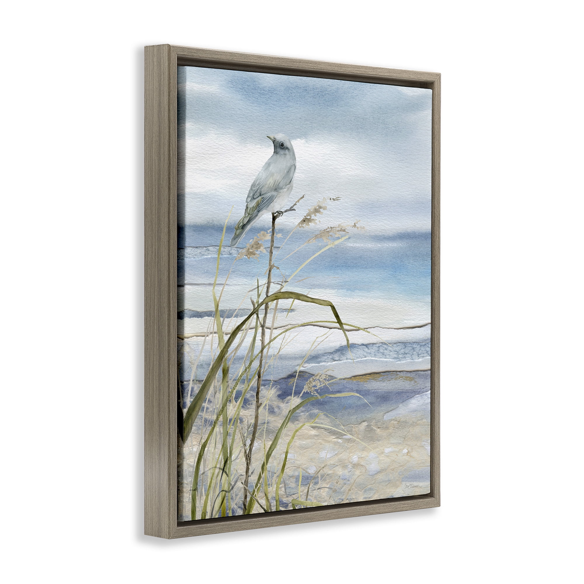 Stupell Industries Bird on Beach Shore Animals & Insects Painting Brown Floater Framed Canvas Art Print Wall Art, 17 x 21