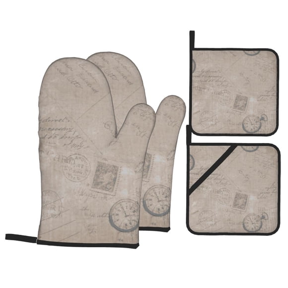 YFYANG Oven Mitts and Pot Holders Sets 4 Pieces, Non-Slip Heat Resistant Vintage Clock Pattern Kitchen Glove Pot Mat for Cooking and Baking
