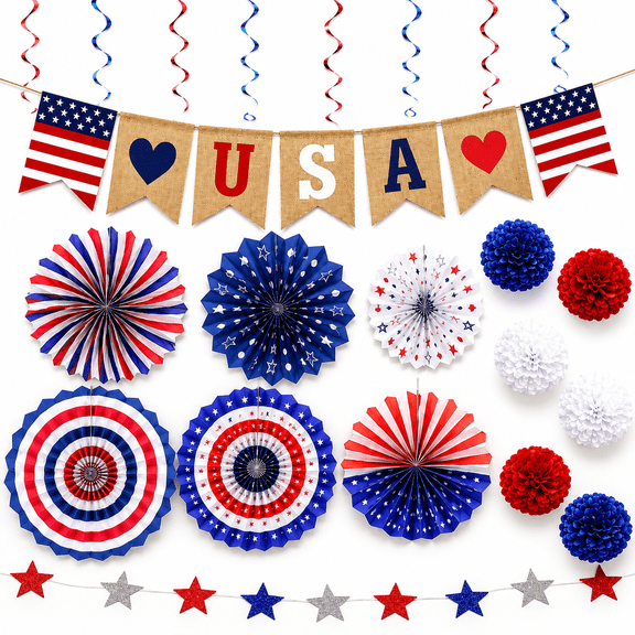 4th of July Decorations Patriotic Decorations Paper Fans Hanging Star Swirls Flag Banner for American Memorial Day Independence Day