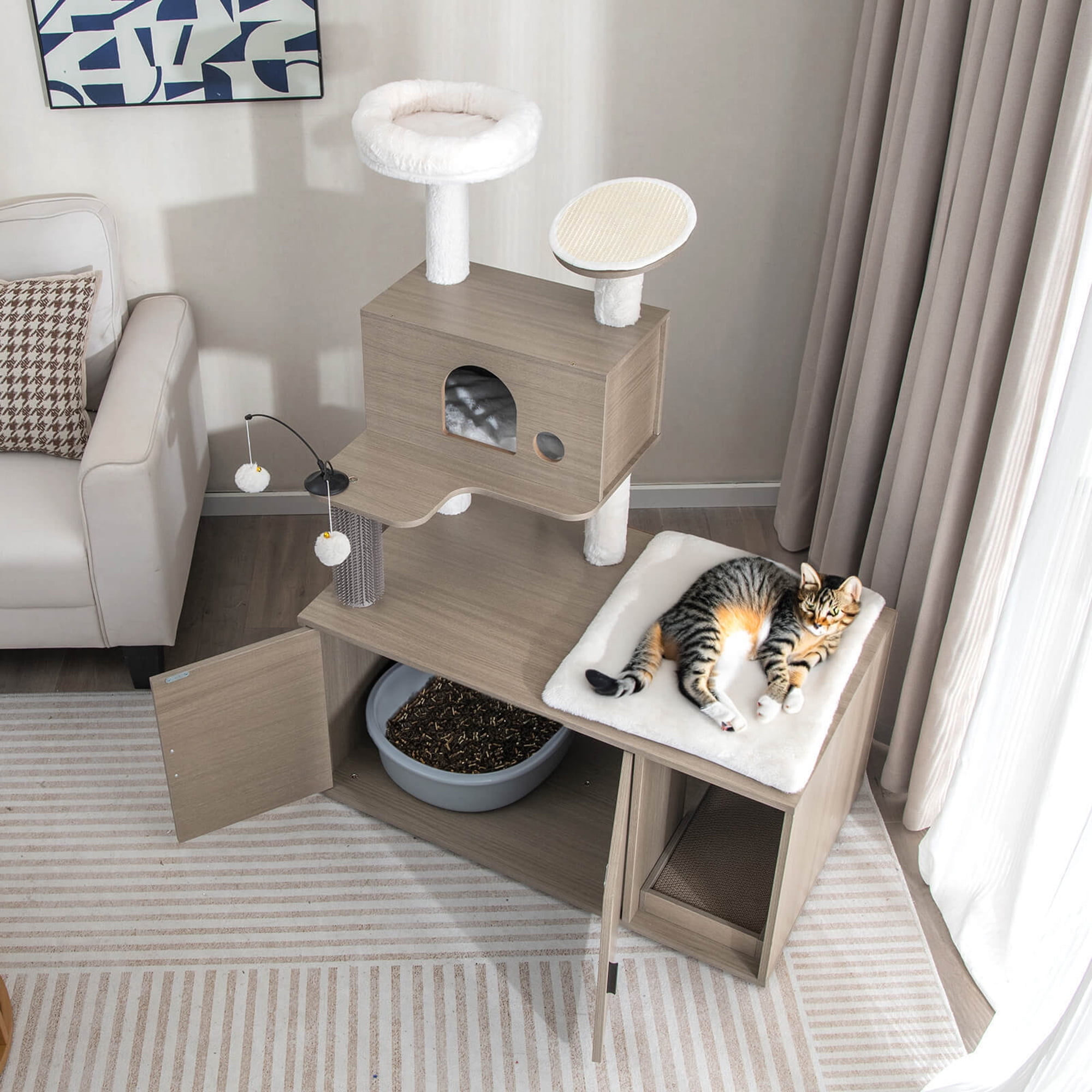 Gymax Cat Tree with Litter Box Enclosure 2-in-1 Modern Cat Tower with Cat Condo