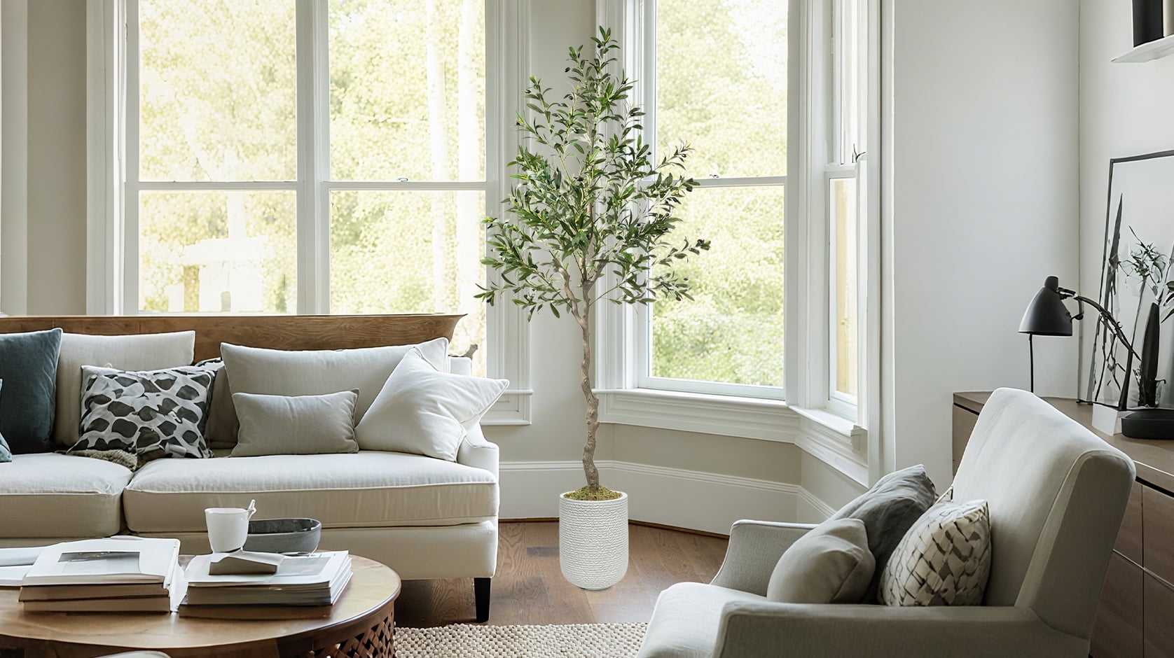OLIVIVI Artificial Olive Tree 7FT Tall Faux Silk Plant for Home Office Decor Indoor Outdoor Fake Lifelike Potted Tree with Wood Branches and 1 pack