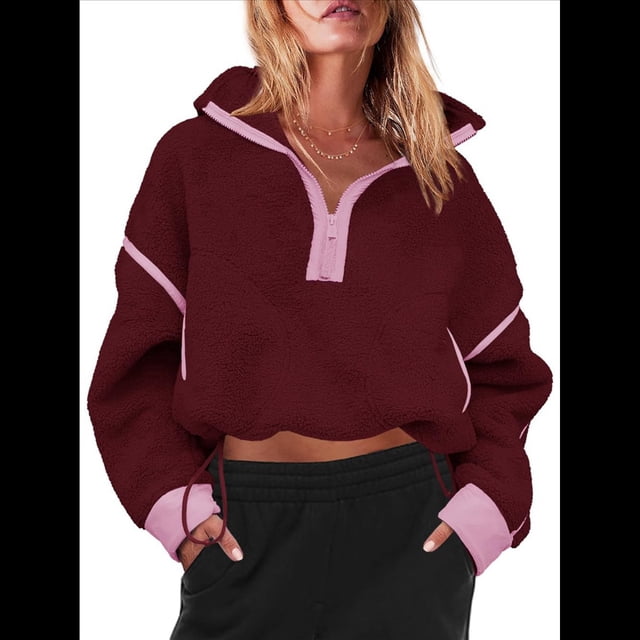 Sudadera de Mujer con Media Cremallera, Suave y Extragrande, con Bolsillos, Cálida y Afelpada. Rojo S