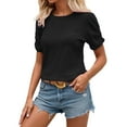 thumbnail image 1 of Blusa informal de manga corta para mujer - Cuello redondo, mangas con volantes y detalles a rayas - Prenda ligera para primavera-verano, 1 of 6