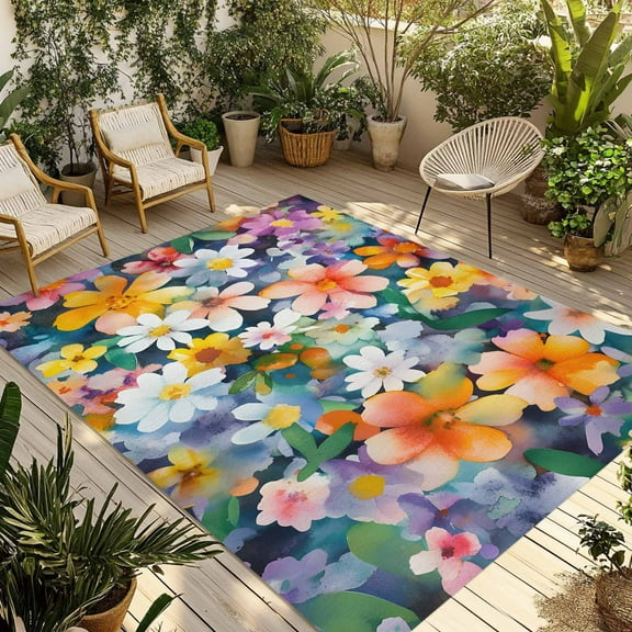 Fsddascl Blue Yellow Flowers Outdoor Rug for Patio/Deck/Porch, Non-Slip Large Area Rug 6 x 9 Ft, Spring Daisy Pastoral Botanical Indoor Outdoor Rugs Washable Area Rugs, Reversible Camping Rug Carpet