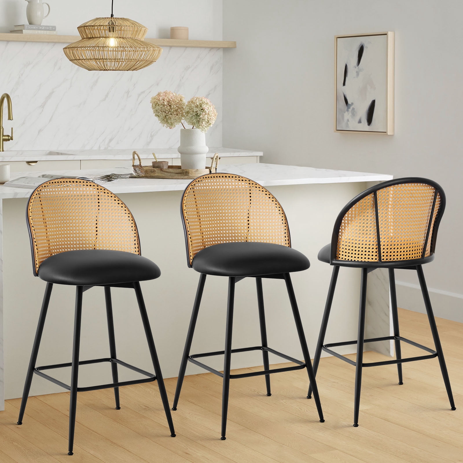 ANMINY Rattan Swivel Bar Stools, 26" Counter Height Set of 2, Upholstered Chairs Barstools with Full Back and Metal Legs Modern PU Fabric Seat for Kitchen Island