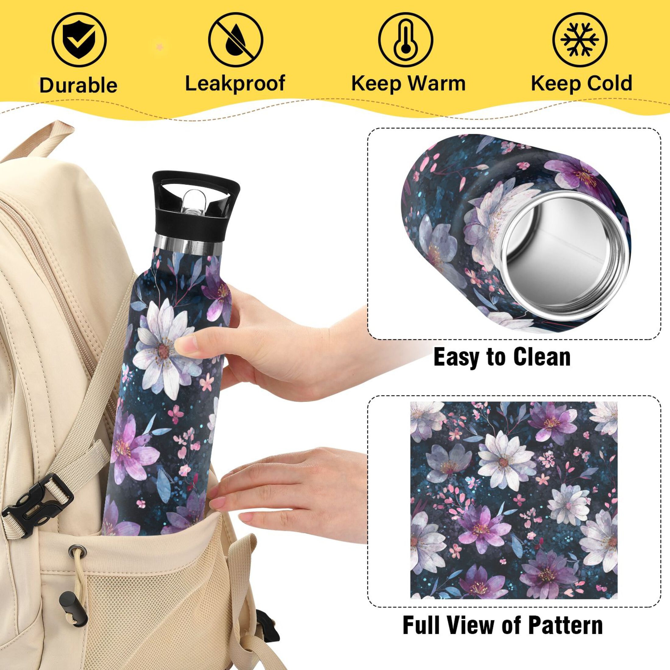 600ML Stainless Steel Insulated Cup Sports Water Bottle Portable Thermos Cup Water Glasses Insulated Tumblers Convenient and Durable Purple Flowers