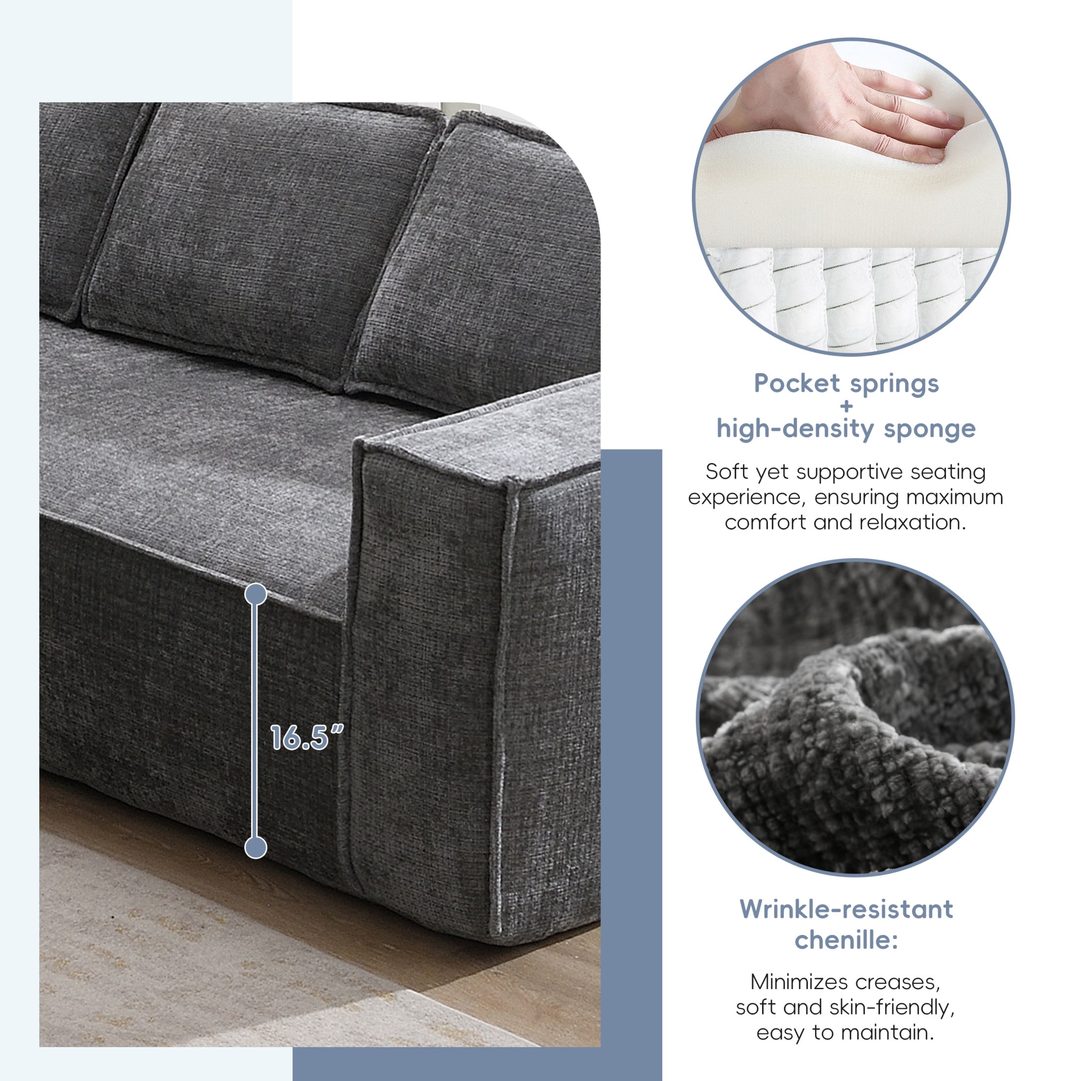 Noble House 129.5" Modular L-Shaped Sectional Sofa, Modern Chenille Cloud Couch Set for Living Room, Gray