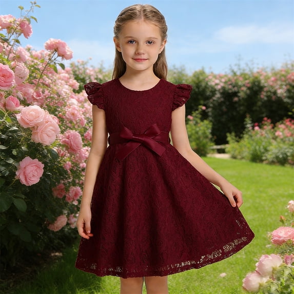 Girls Lace Dress with Puff Sleeves Front Zipper Elegant Summer Casual Party Toddlers Clothes