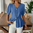 thumbnail image 7 of jtjvou Womens Puff Short Sleeve Shirts Lightweight Summer Button Down V Neck Shirt Business Casual Work Blouse Tunic Tops Blue XL, 7 of 7