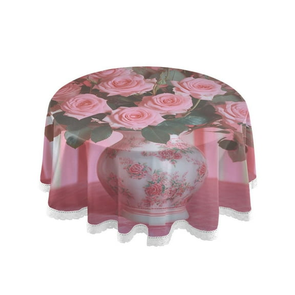60" Round Tablecloth with White Lace Trim Wrinkle & Heat-Resistant Table Cover for Dining and Home Decor Pink Roses