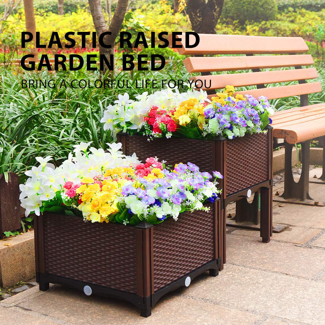 Plastic Raised Garden Bed Planter Kit Brown Set of 2