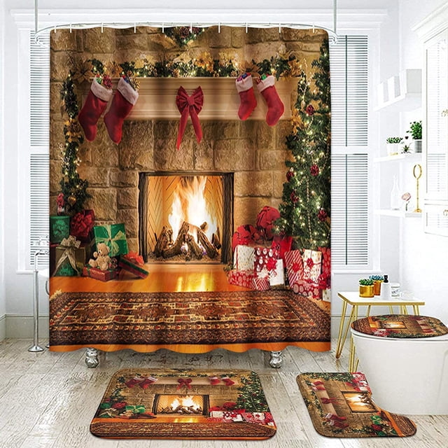 RV Juego de cortinas de ducha de 4 piezas, Feliz Navidad, felices fiestas abstractas con alfombras antideslizantes, tapa de inodoro y alfombrilla de baño, duradero e impermeable, para decoración de baño, 72 x 72 pulgadas Rojo Verde