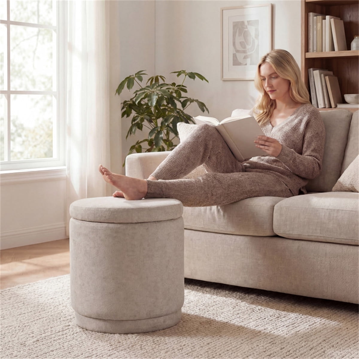 18 Inch Beige Storage Ottoman Foot Rest Acacia Wood Frame