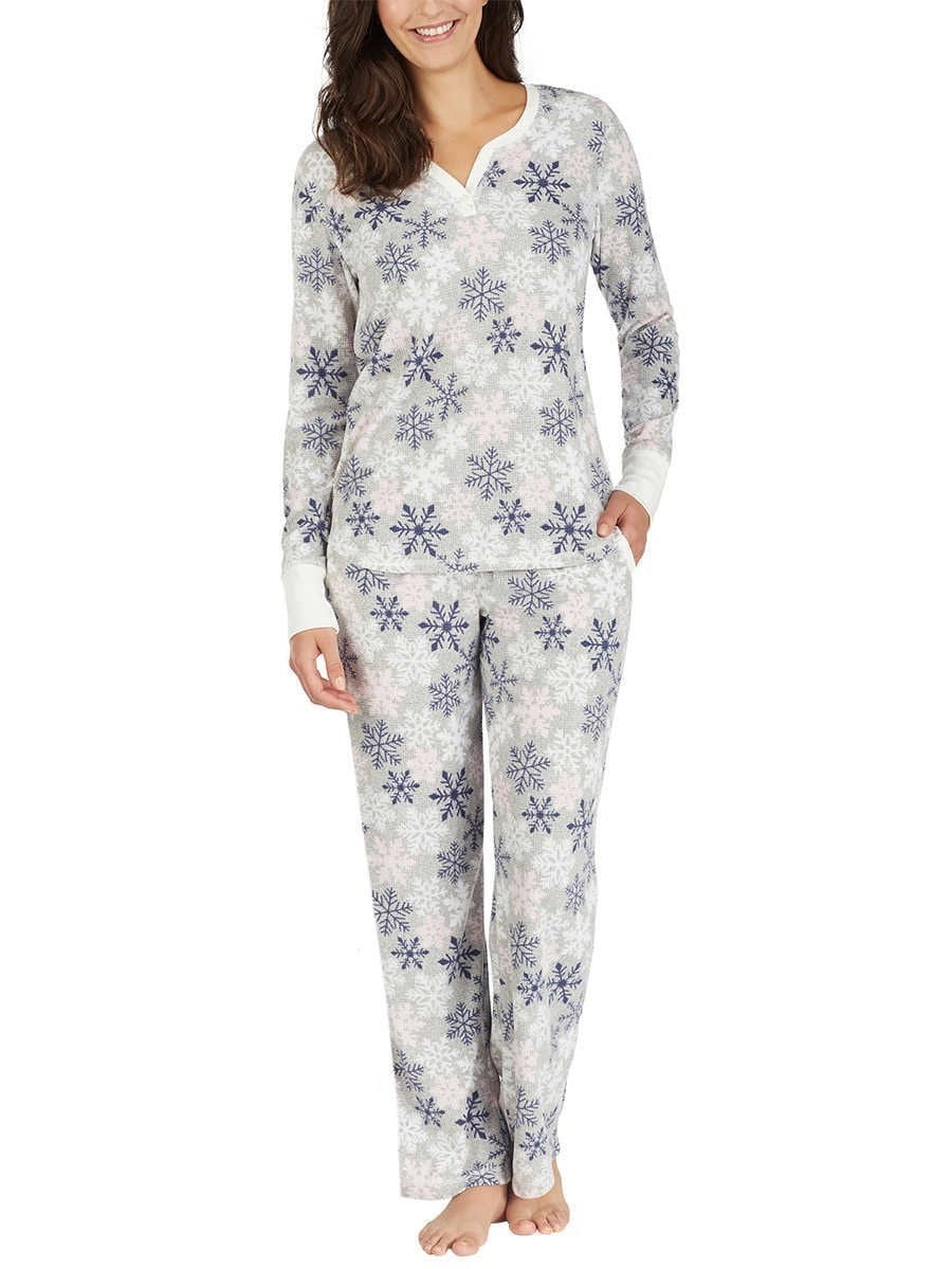 Nautica Womens 2 Piece Textured Microfleece Pajama Set (Grey Snowflake ...