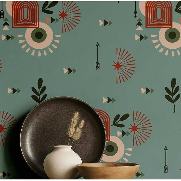 S4sassy Self-Stick Decorative Boho Wallpaper, Abstract Print Walls Paper, Vinyl Waterproof Contact Paper, Green, 25"x120"inch Removable Renter Friendly Wall Covering For Bedroom, Dining room
