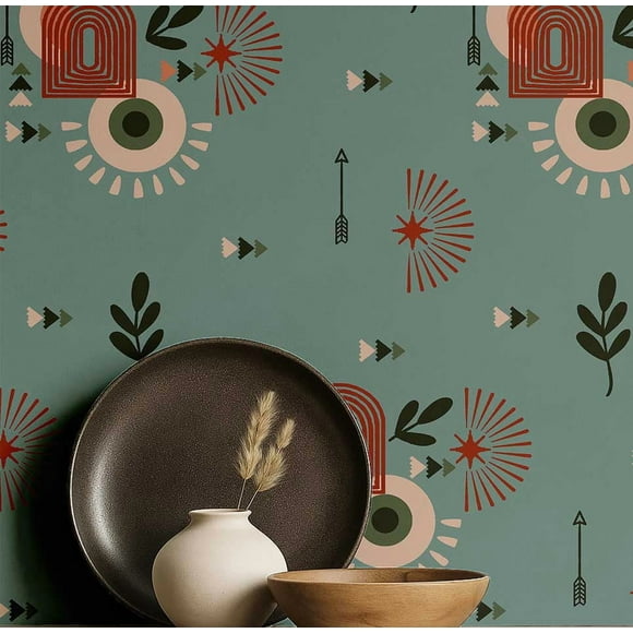 S4sassy Self-Stick Decorative Boho Wallpaper, Abstract Print Walls Paper, Vinyl Waterproof Contact Paper, Green, 25"x60"inch Removable Renter Friendly Wall Covering For Bedroom, Dining room