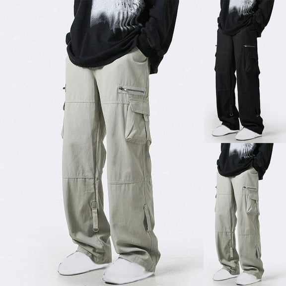 pstuiky Cargo Pants, Solid Color Straight Type Leisure Modern Fit Multiple Pockets Pants For Men Special Price Black L