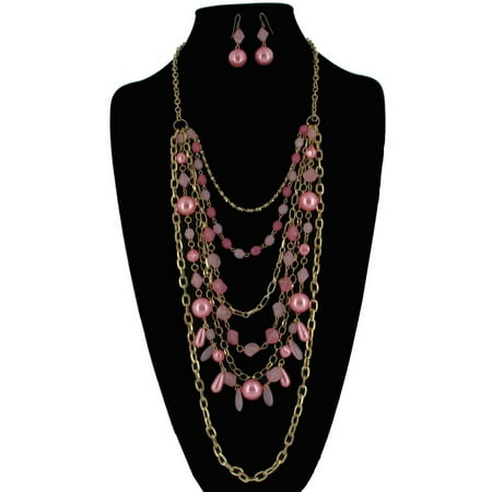 Beaded Set Jewelry Set - Pink Beaded Big Statement Bib Layered Silver Tone Chain Necklace and Drop Earrings 2 Piece Jewelry Set