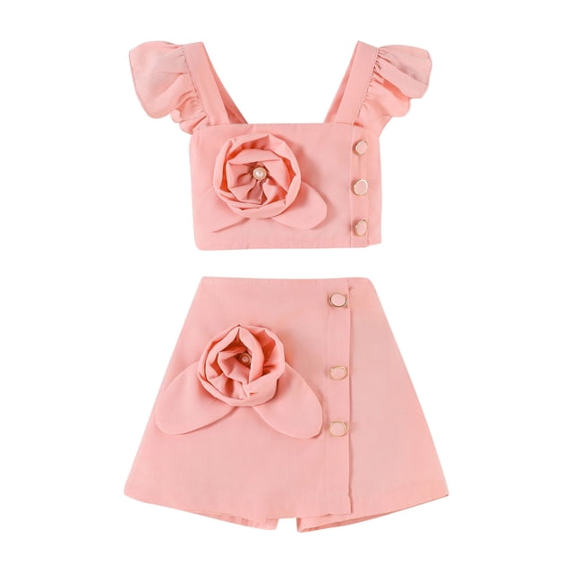 Yanlir Girl's 2 Piece Summer Solid Color Outfits Flying Sleeve Strap Square Neck Tops and Floral Ruffle Layered Skirts Set for Kids 1-6Years(Pink,3-4 Years)