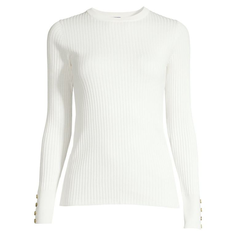 Scoop Ribbed Crewneck Sweater with Button Sleeves Women's 