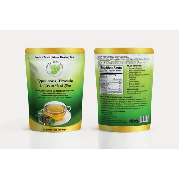 LEMONGRASS , HWENTIA , GREEN ICED TEA JUMBO - 14 Jumbo Pyramid Corn Fiber Teabags- 100% Sun Dry Cut and Sift Tea Leaves in Pyramid Teabags- 100% Natural Taste and Organic