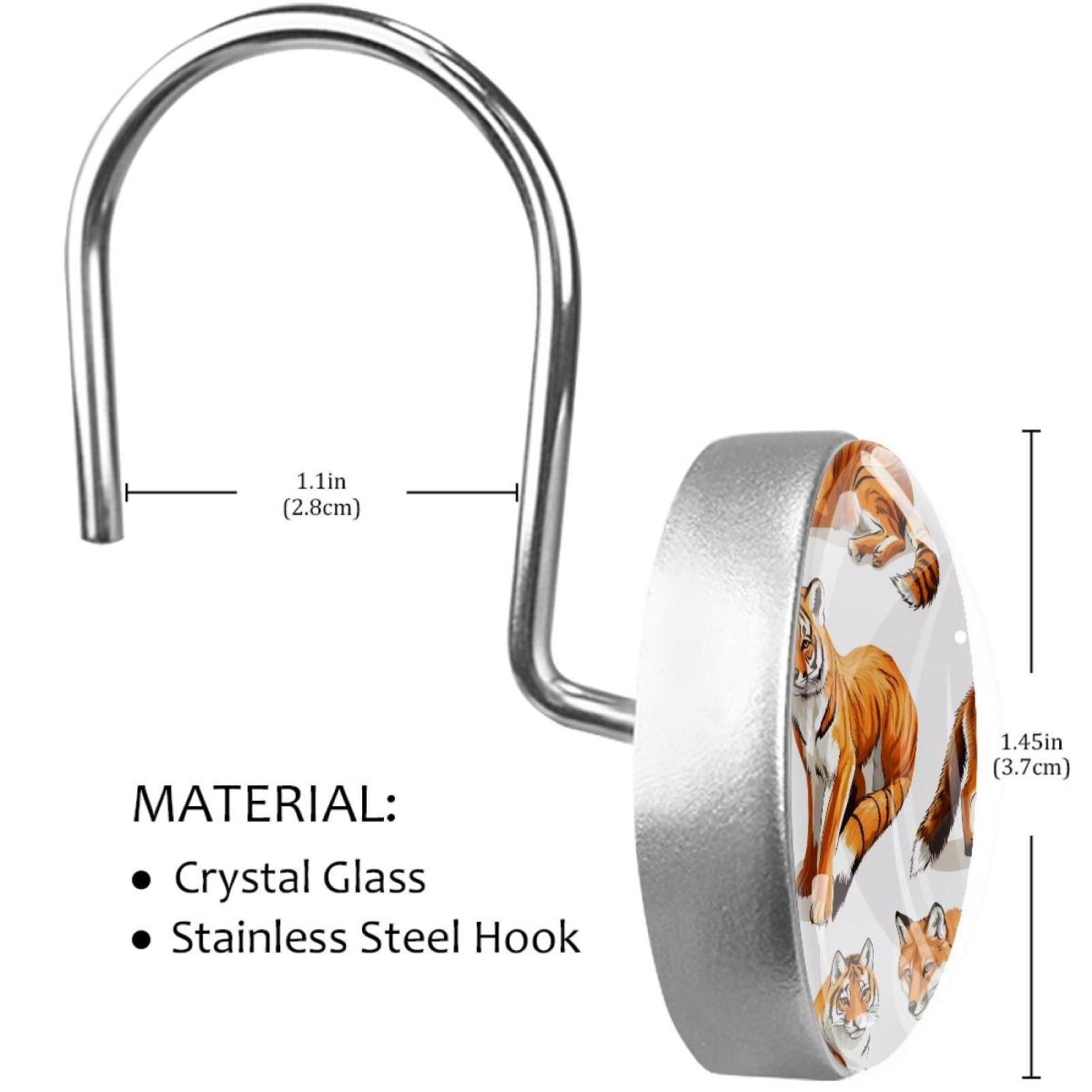 Foxes Tigers Wolf Shower Curtain Hooks Round Crystal Glass, Set of 12 Shower Curtain Rings - Shower Hooks for Curtain Shower Rings