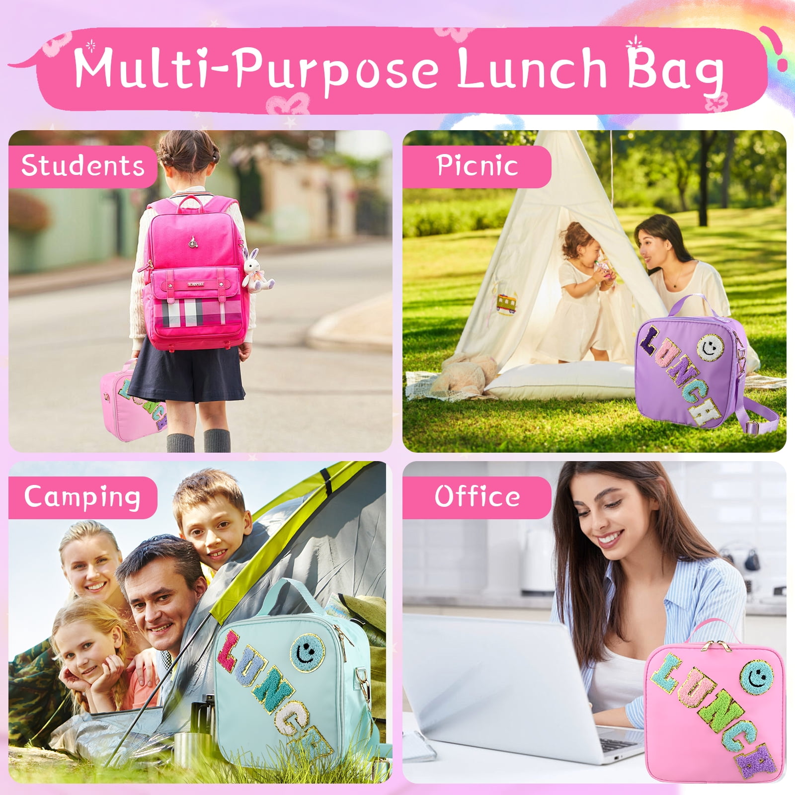 Smiley Nylon Insulated Lunch Bag with Adjustable Shoulder Strap, Preppy Lunch Bag, Reusable School Girls Preppy Lunch Box, Kids Lunchbox, Lunch Box for Women