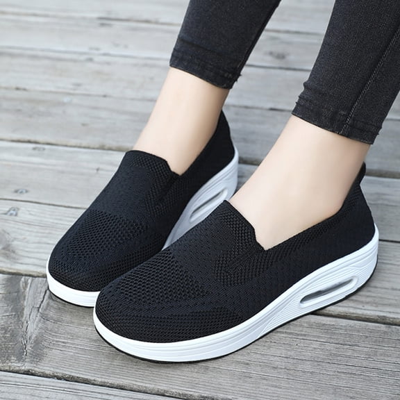 Womens Shoes Slip On, Womens Slip On Walking Shoes, Orthopedic Walking Shoes for Women, Slip-On Light Air Cushion Mesh Up Stretch Platform Orthopedic Sneakers for Arch Support, Black 6
