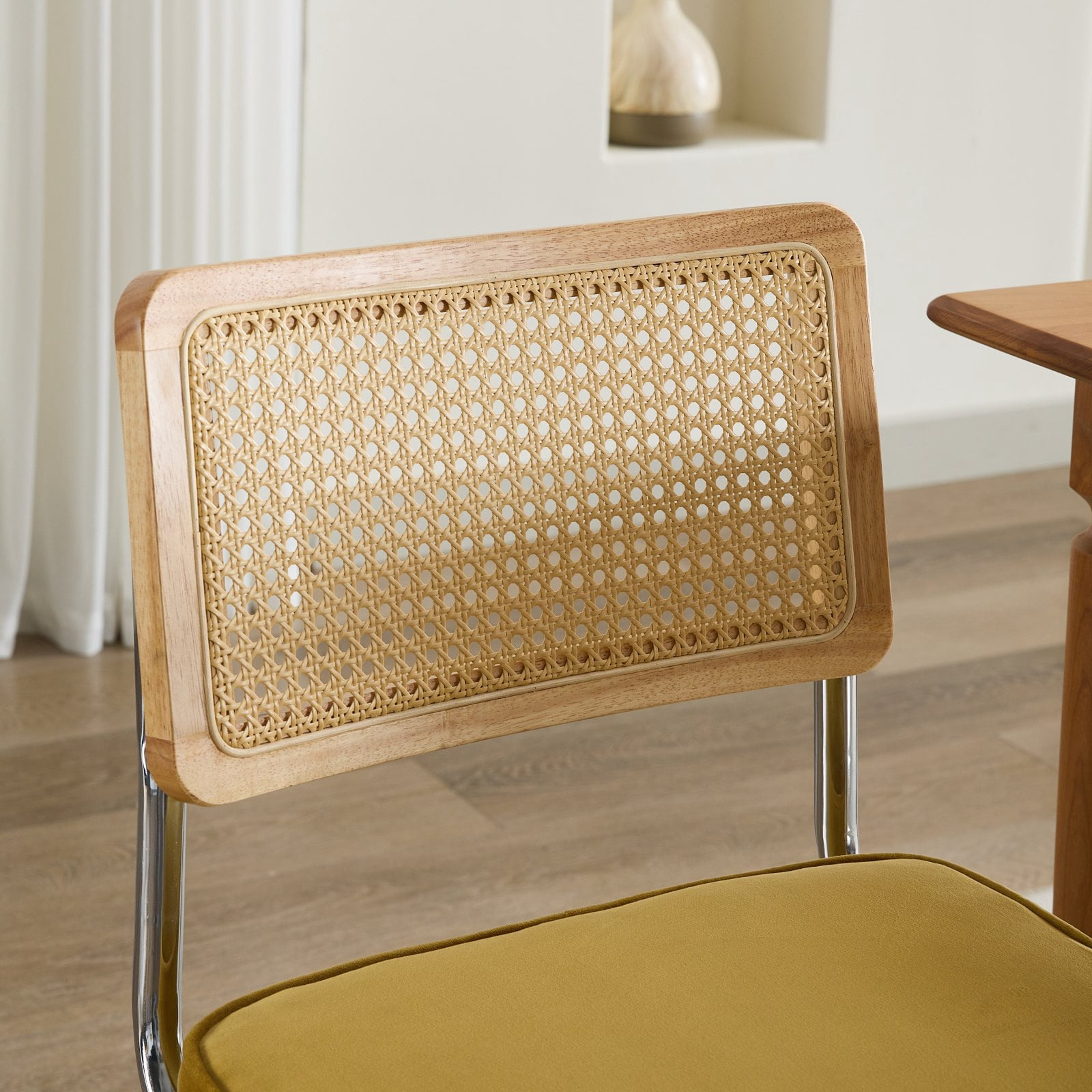 Mid Century Modern Dining Chairs Set of 2, Velvet Cantilever Chairs with Oak Rattan Back & Internal-External Steel Frame, 360 lbs Load, Gold