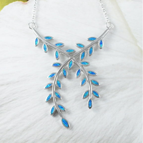 Unique Gorgeous Hawaiian Large Opal Maile Leaf Necklace, Sterling Silver Blue Opal Maile Leaf Necklace, N9328 Birthday Mom Valentine Gift