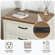 Hommpa Farmhouse 3 Drawers Nightstand with Charging Station, Rustic Wood Night Stand with Drawers for Bedroom, Vintage Bedside Table Small Dresser Chest of Drawers for Living Room, White