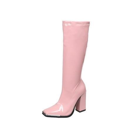 

Honeeladyy Women Shoes Casual Thick High-heeled Plus Size Mid Calf Zipper Pink Clearance under 5$