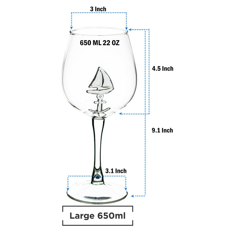 Sail Boat Wine Glass with 3D Sailboat and Nautical Anchor Design