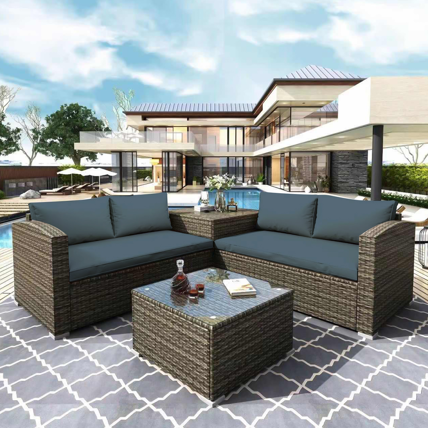 Outdoor Patio Furniture Set, Rattan Chairs & Seating Sets for Backyard, 4-Piece Wicker Conversation Set w/L-Seats Sofa, R-Seats Sofa, Cushion box, Tempered Glass Dining Table, Padded Cushions, S13116 - image 2 of 8