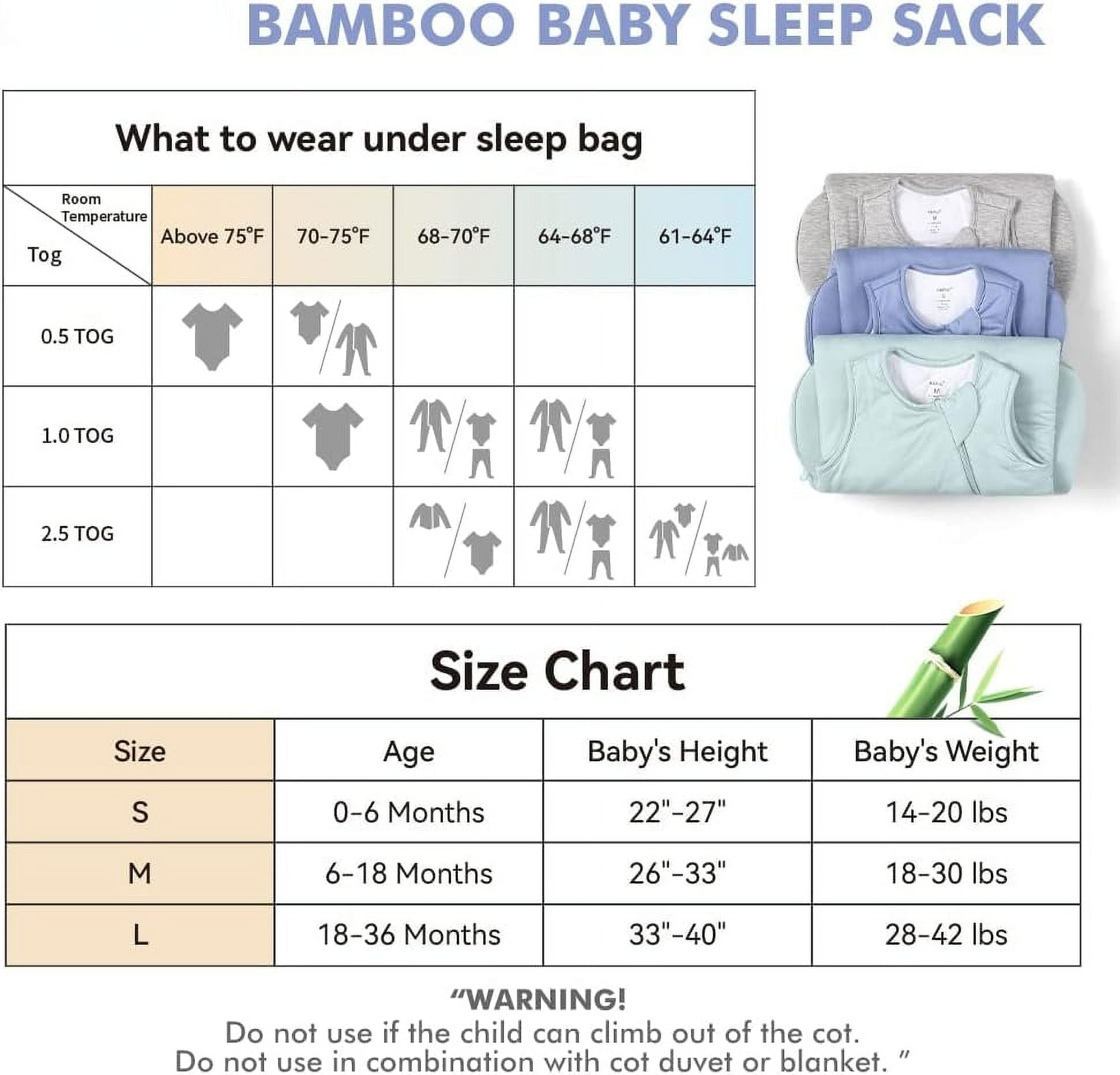 Unisex Bamboo Baby Sleep Sack TOG 1.0, 2-Way Zipper YKK, Wearable Blanket  Baby Toddler, 6-18 Months, Sage 