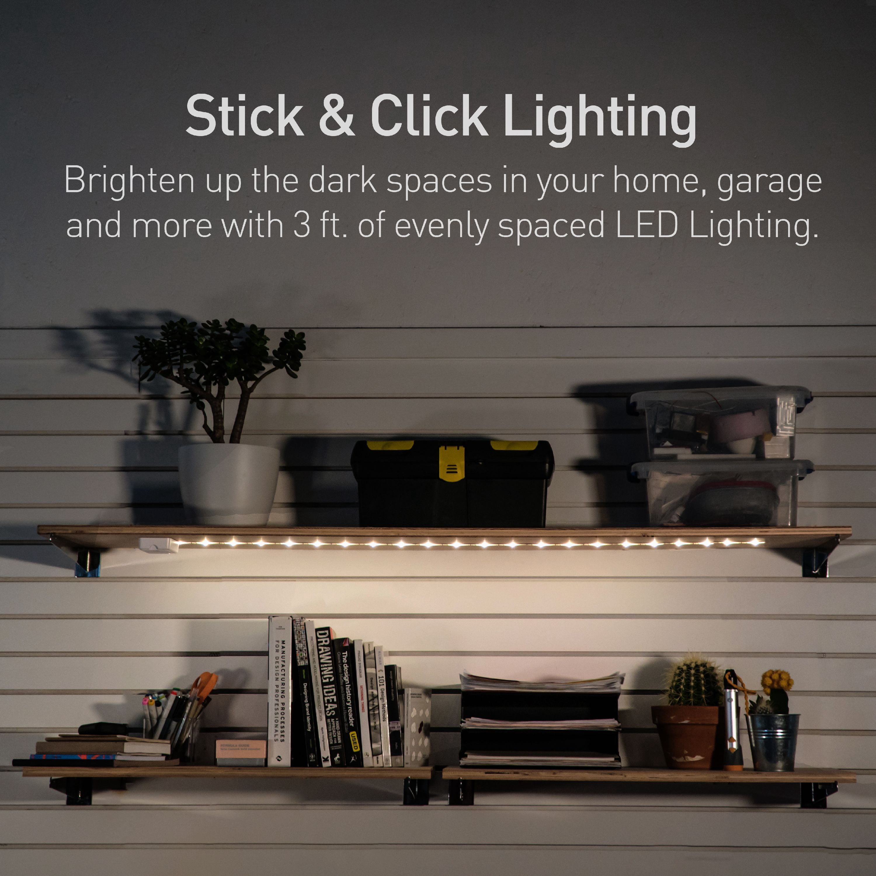 Luminoodle Click 3-Pk , Warm White 1 meter Battery Powered Tap Light Strip for Closet, Pantry, LED Shelf Lighting, Wireless Stick Anywhere Adhesive String Push Light, Warm White (2700K)