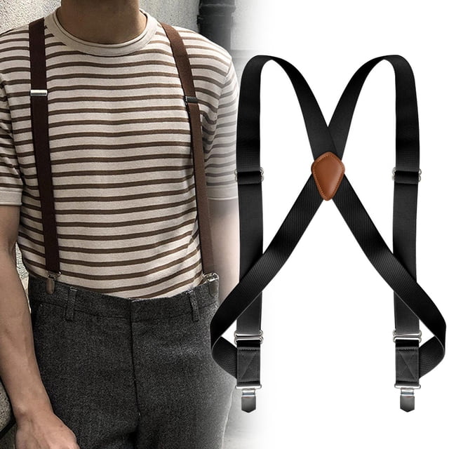 tirantes para hombre yinane tirantes de trabajo ajustables casuales cómodos para hombres pantalones de construcción banda negro Tirantes X de poliéster negro con pieza central en tono cuero, correas elásticas de 3.5 cm y hebillas deslizantes para ajuste; clips metálicos en los extremos para sujetar pantalones, vista con modelo y producto sobre fondo blanco, largo 125 cm ajustable, aptos para jeans y ocasiones formales o casuales.