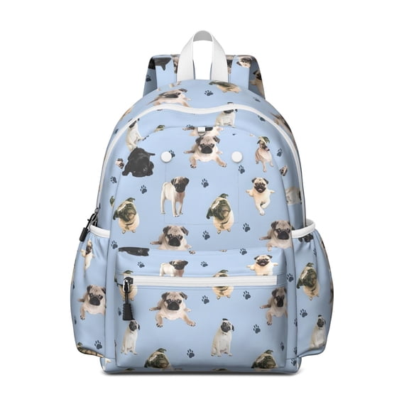 Pug and Footprints Backpack for School,Cute School Bag,Schoolbag with Adjustable Shoulder Straps & Padded Back,13.4"x11"x4.7"