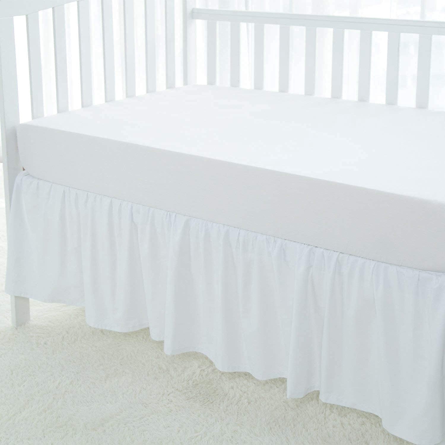 Crib Bed Skirt Dust Ruffle Nursery Crib Toddler Bedding Microfiber Fabric Ruffle Bed Skirt for Baby Boys or Girls (28” x 52” x 14’’) - White Solid