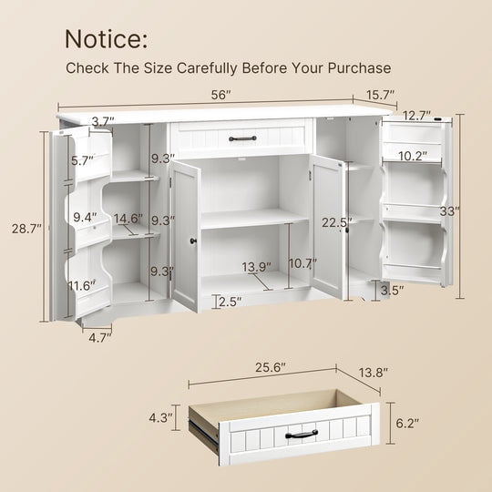 Buffet Cabinet, Aiho Coffee Bar Cabinet with 1 Drawer and 4Doors, 56" Kitchen Storage Cabinet for Kitchen, Living Room and Bathroom - White
