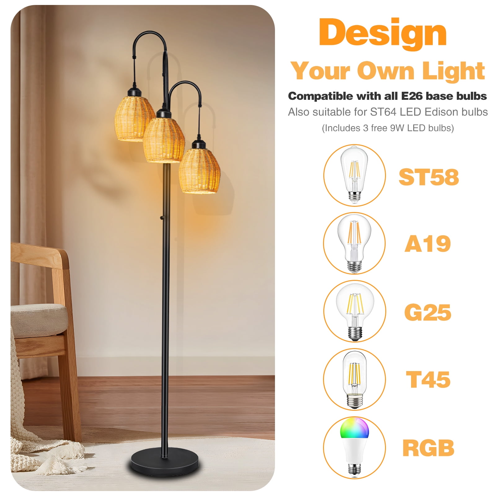 Lambaolom Rattan Boho Floor Lamp: Stepless Dimmable for Living Room, 3-Light Tree Design, Includes 3 Pcs 6W LED Bulbs