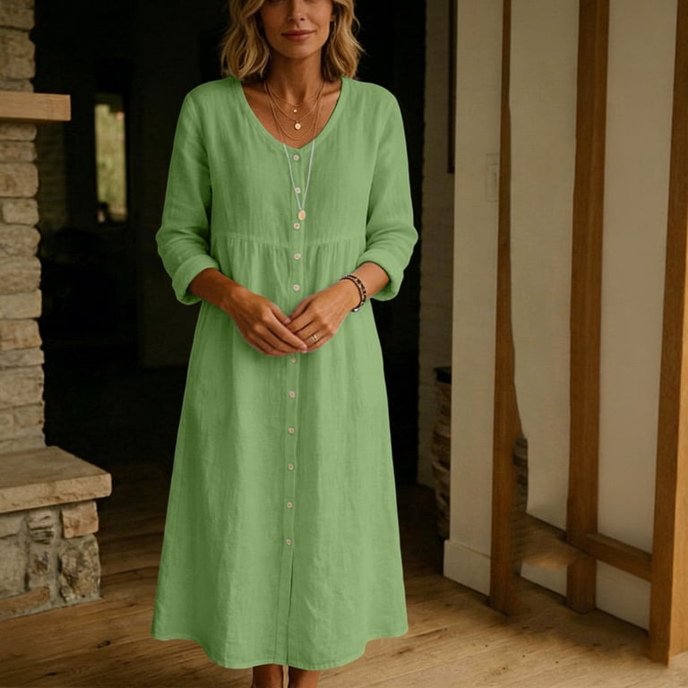 Sentmoon Tennis Dresses for Women Fitted Dress Summer 2026 Solid Color Long Sleeve V Neck Button Down Regular Fit Long Dresses for Women Casual with 