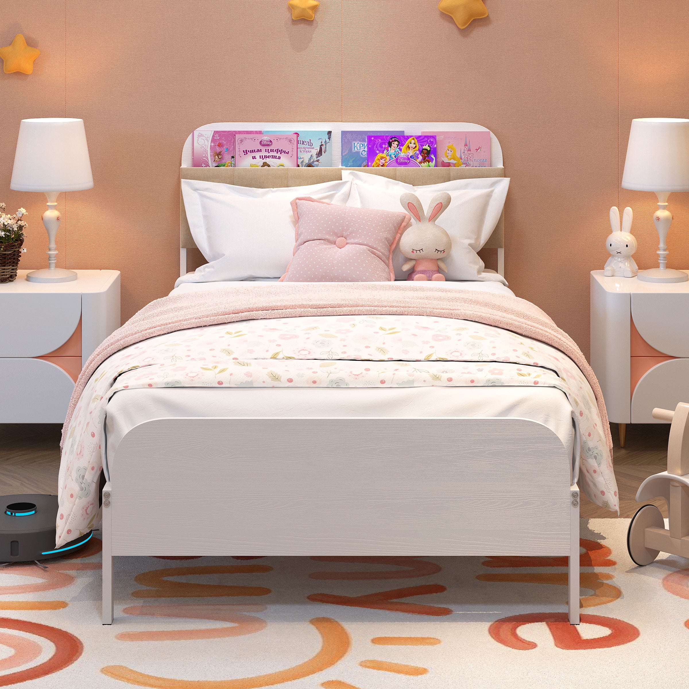 Yoneston Kids Twin Platform Bed with Upholstered Bookcase