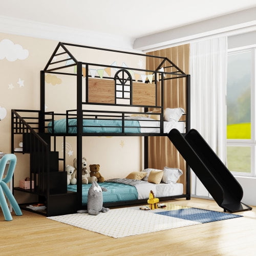 House Bunk Bed With Slide And Storage Stair, Twin Over Twin Metal House Bed  With Full-Length Guardrails, Ladder For Kids,Children,Black With Black  Slide - Walmart.Com