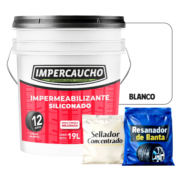 Impermeabilizante Impercaucho 12 Años 19L Blanco | Kit Completo con Sellador y Resanador