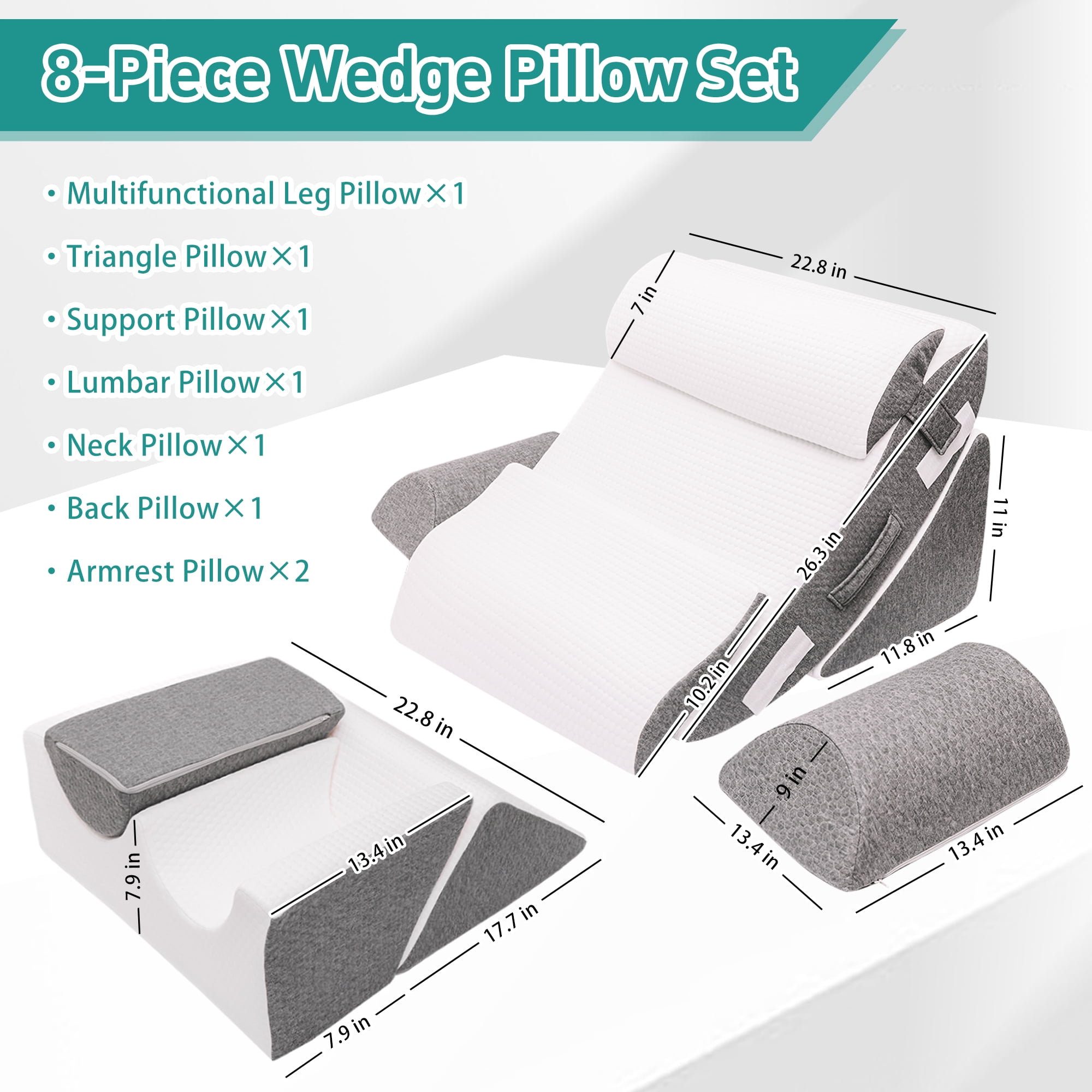 TEDresco 8-Piece Wedge Pillow Set — Multifunctional Body Support Pillow, Adjustable, with Built-in 2" Thick Memory Foam