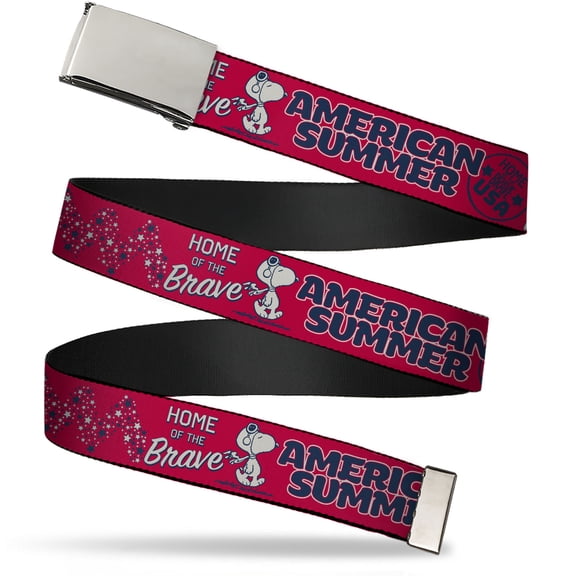 Adjustable Belt, Clamp Buckle, Cut-to-Fit, Peanuts Gang American Summer Poses Red Blue White