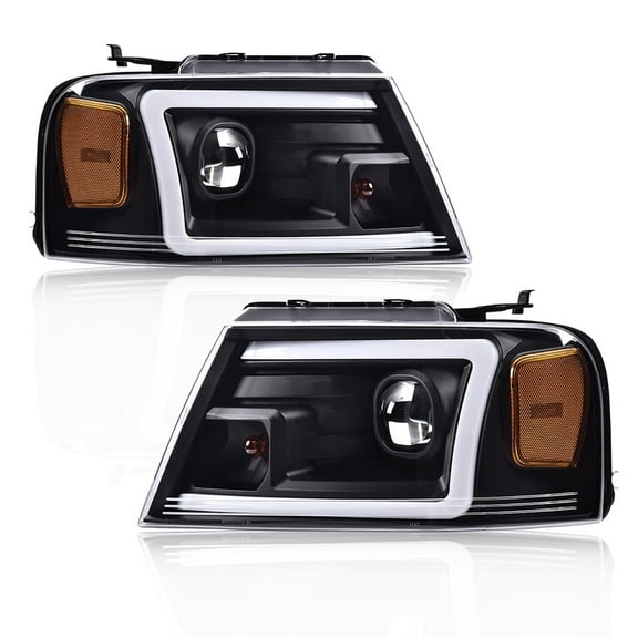 CROSSDESIGN Pair Clear Black LED Tube Turn Signal Headlights Lamps Fit for 2004-2008 Ford F150