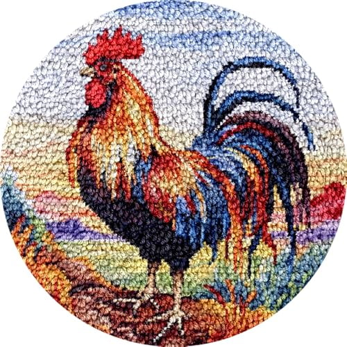 Colorful Rooster Latch Hook kits Rug Pre-printed Round Shape DIY Crochet Yarn Embroidery Needlework Hook and Latch Kit Carpet Cushion Home Christmas Decoration 50x50cm(1)