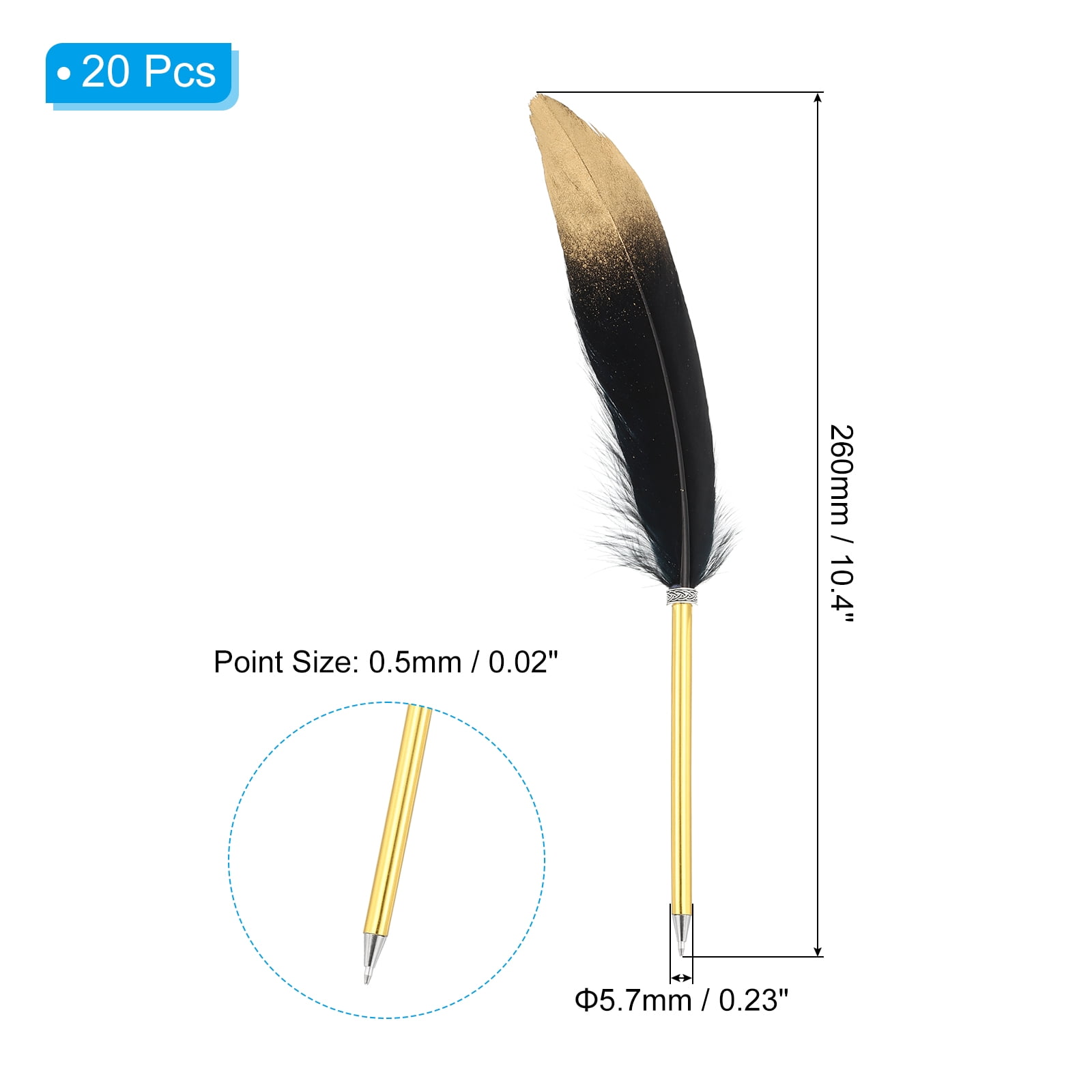 Uxcell 20Pcs Feather Ballpoint Pens Bulk, 0.5mm Ink Vintage Plated Rod Quill Writing Pens for Office, Wedding, Black